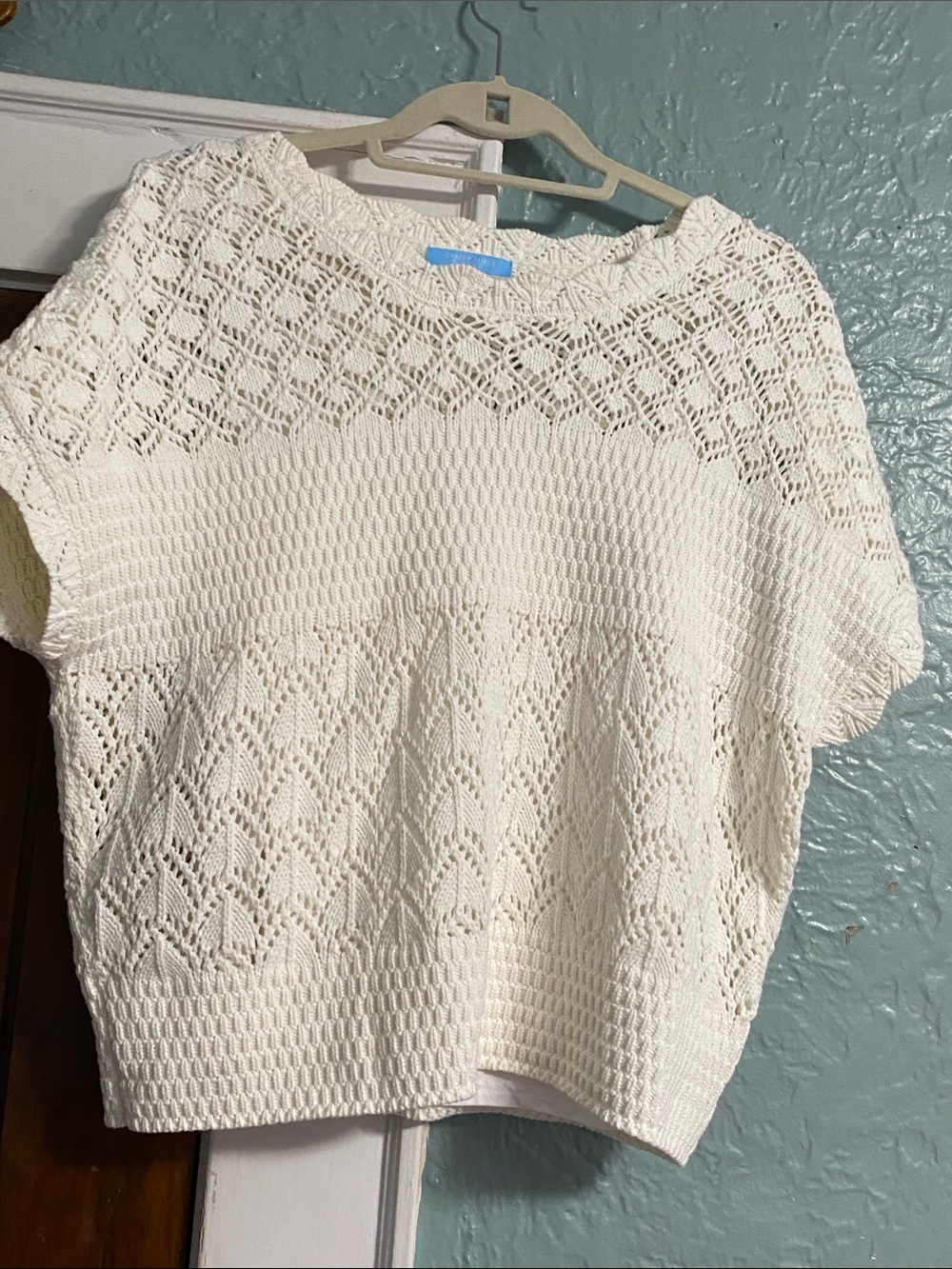 Draper James Cream Openwork Knit Short-Sleeve Sweater